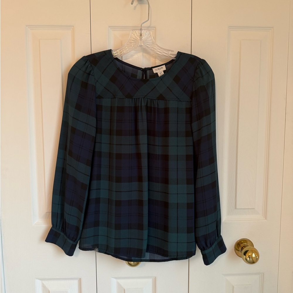 J. Crew Blue and Black Long Sleeve Boxy Blouse